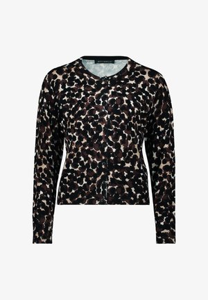 Kardigan mit schwarzem und braunem Leopardenmuster, langen Ärmeln, rundem Halsausschnitt und geripptem Saum. Vorderer Knopfverschluss, weicher Strickstoff.