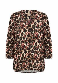 Blouse met luipaardprint in een lichte stof, met een V-hals, driekwartmouwen en een ontspannen pasvorm. Kleuren zijn zwart, rood en beige.