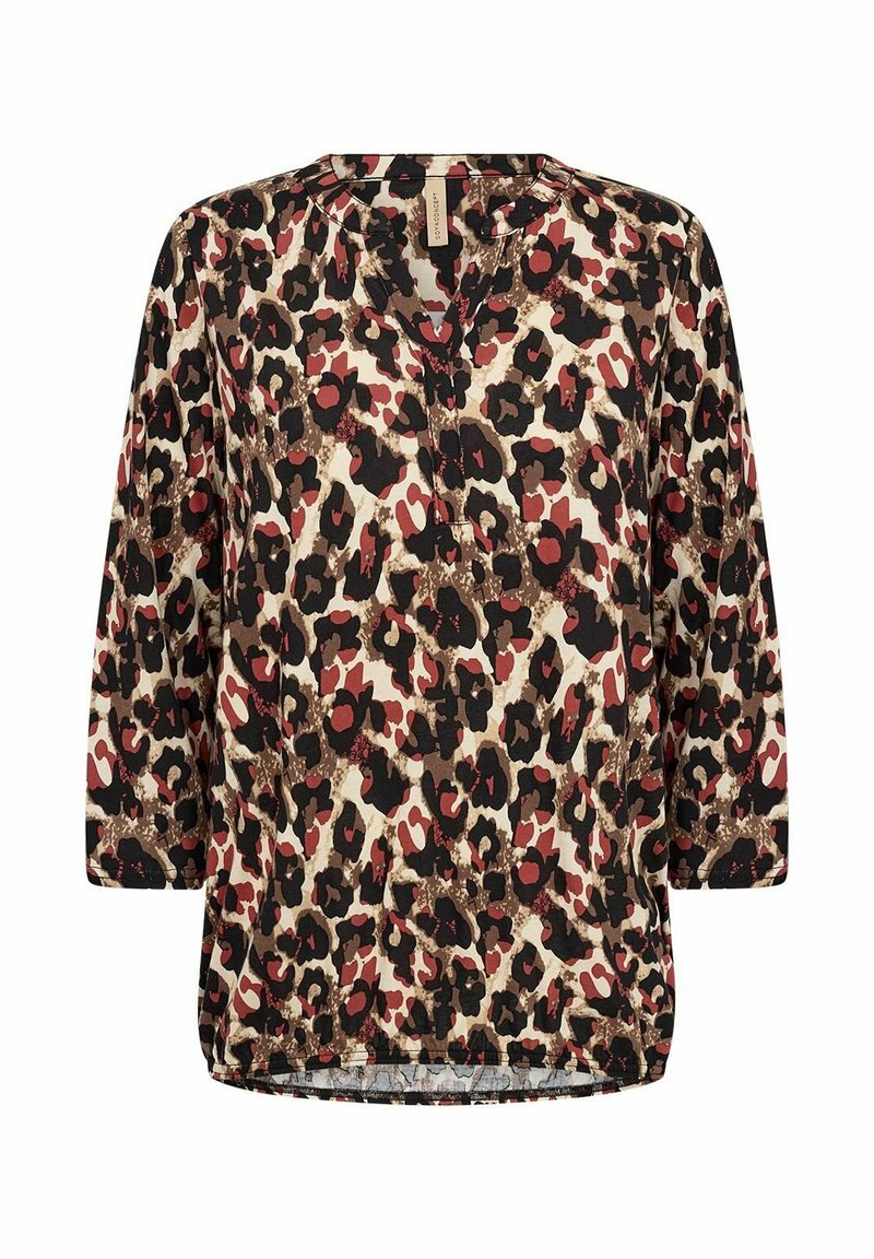 Blouse met luipaardprint in een lichte stof, met een V-hals, driekwartmouwen en een ontspannen pasvorm. Kleuren zijn zwart, rood en beige.