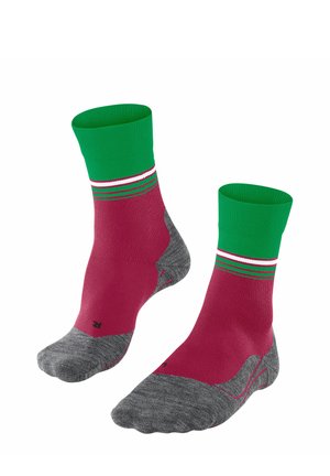 Chaussettes jusqu'aux genoux avec un revers côtelé vert, un corps rose et une zone de talon/orteil grise, mettant en avant des accents à rayures horizontales en rouge, blanc et vert.