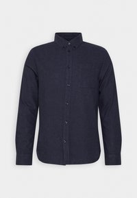Camicia button-up blu scuro a maniche lunghe in un tessuto testurizzato, con colletto, chiusura frontale a bottoni e una tasca sul petto.