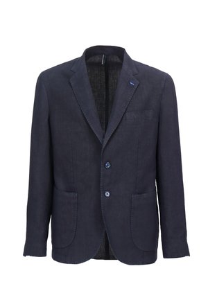 Mørk navyblå herreblazer med to forlommer, to knapper, hakket revers og lille blå broderet detalje på venstre revers.