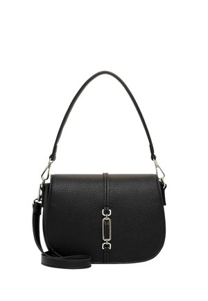Sac à main en cuir noir texturé avec bandoulière amovible et fermoir rectangulaire argenté sur fond blanc.
