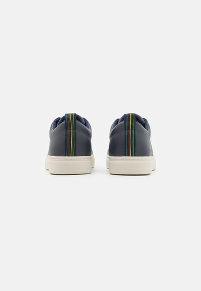 Navy synthetic sneakers with a textured finish, featuring a white sole and a multicolored striped accent on the heel.