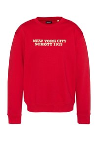 Felpa rossa realizzata in tessuto morbido, con scollo rotondo e polsini a coste. Sul davanti è presente la scritta "NEW YORK CITY SCHOTT 1913" in lettere beige.