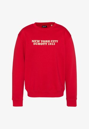 Felpa rossa realizzata in tessuto morbido, con scollo rotondo e polsini a coste. Sul davanti è presente la scritta "NEW YORK CITY SCHOTT 1913" in lettere beige.