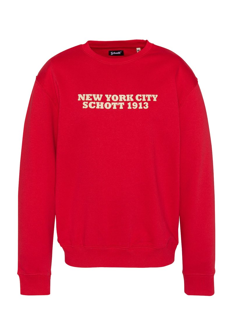 Felpa rossa realizzata in tessuto morbido, con scollo rotondo e polsini a coste. Sul davanti è presente la scritta "NEW YORK CITY SCHOTT 1913" in lettere beige.