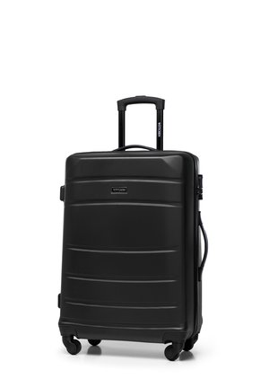 Hard-shell black suitcase with diagonal stripes, retractable handle, four swivel wheels, and a side carry handle. Smooth texture, durable material.