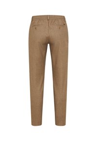 Bruine op maat gemaakte broeken van een geweven stof, met een elastische tailleband, twee achterzakken met knoopsluiting en een slank model.