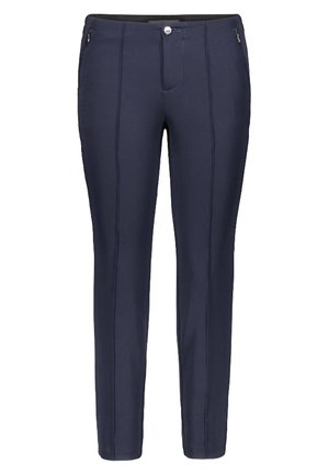 Navy Hosen mit schmaler Passform, hergestellt aus einem glatten Stoff. Verfügt über zwei vordere Reißverschlusstaschen, einen Knopfverschluss und vertikale Nahtakzente.