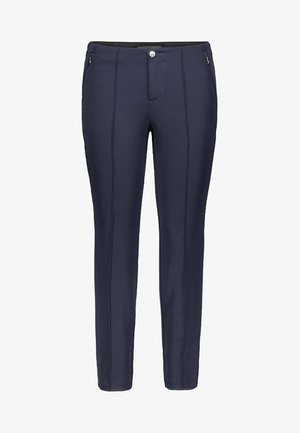 Navy Hosen mit schmaler Passform, hergestellt aus einem glatten Stoff. Verfügt über zwei vordere Reißverschlusstaschen, einen Knopfverschluss und vertikale Nahtakzente.