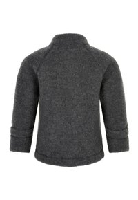 Grauer Wollpullover mit weicher Textur, Raglanärmeln und umgeschlagenem Kragen. Verfügt über gerollte Ärmelbündchen und einen abgerundeten Saum am unteren Ende.