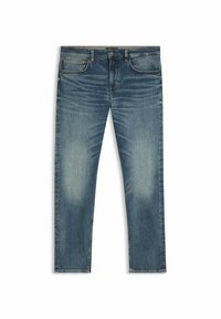 Jeans de denim azul medio con desvanecimiento ligero, diseño de pierna recta, cinco bolsillos y cierre con cremallera. Detalles de costura clásicos en las costuras.