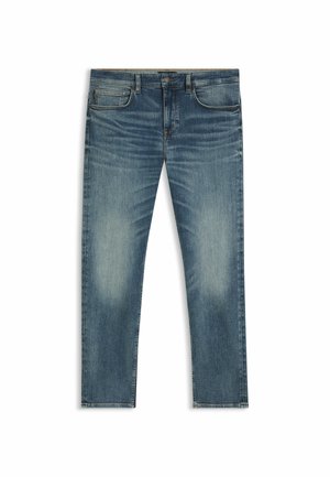 Middelblauwe denim jeans met lichte vervaging, recht gesneden ontwerp, vijf zakken en een ritsluiting. Klassieke stikseldetails op de naden.