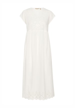 Valge puuvillane kleit lühikeste varrukatega, millel on silmadega tikkimine kaeluses ja laineline alumine serv. Lahtine istuvus, pahkluu pikkus.