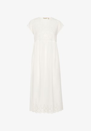 Valge puuvillane kleit lühikeste varrukatega, millel on silmadega tikkimine kaeluses ja laineline alumine serv. Lahtine istuvus, pahkluu pikkus.