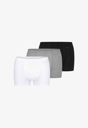 Tre herre boxershorts i hvid, grå og sort, arrangeret forfra mod bagsiden, ensfarvede med subtilt brandtekst øverst til venstre.