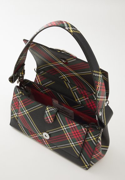 Black handbag with red, yellow, and green tartan pattern; textured material; top handle; silver snap closure; interior is red.