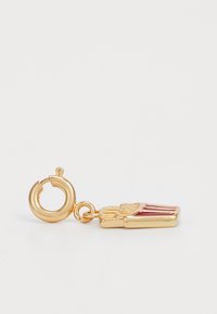Gold-tone charm featuring a fries container design with red stripes. Smooth finish, circular clasp, and three-dimensional detailing.