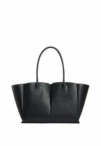 Sac fourre-tout en cuir noir avec un design structuré, deux anses supérieures et des coutures blanches contrastantes. Présente un fond plat pour plus de stabilité.