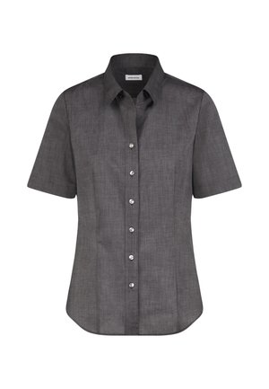 Chemise à manches courtes, gris foncé, en tissu texturé. Dotée d'un devant à boutons avec des boutons métalliques et d'un col classique.