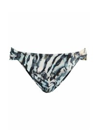 Bikini-Unterteil mit schwarz-weißer Tigermusterung, aus glattem Stoff mit seitlichen Bindebändern für verstellbare Passform. Klassischer Schnitt und moderate Deckung.
