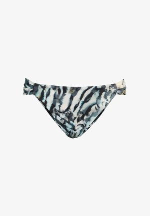Fekete-fehér tigris mintás bikini alsó, sima anyagból készült, oldalán kötőkkel az állíthatóság érdekében. Klasszikus szabás, közepes takarás.