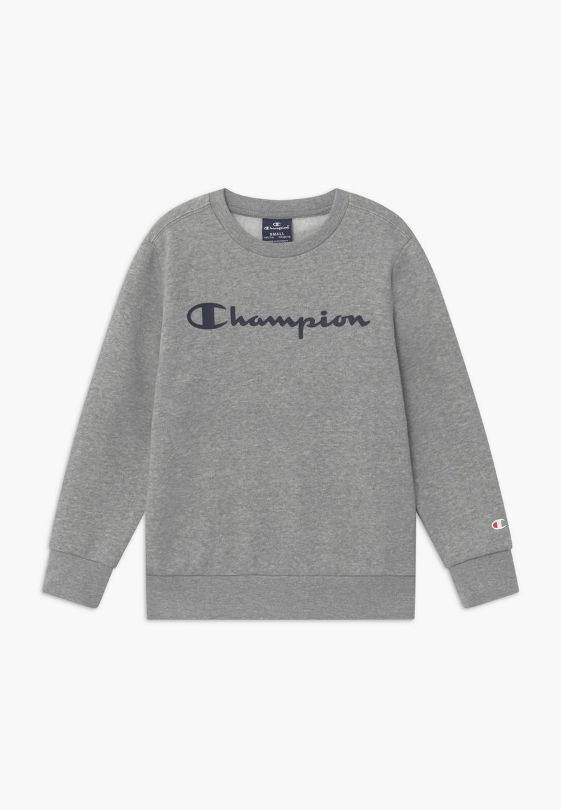 Felpa grigia in cotone, con logo "Champion" blu navy sul petto, polsini e orlo a coste. Design semplice con scollatura rotonda.