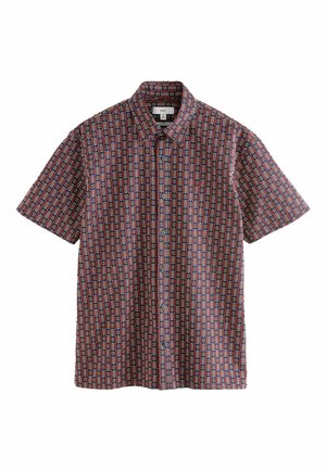 Short-sleeve button-up shirt with a geometric pattern in navy, red, and white, featuring a collar and a regular fit.