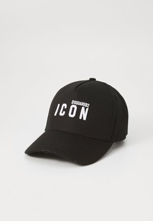 Mustan kangasta valmistettu baseball-lippalakki, jossa on kaareva lippa ja etuosassa brodeerattu valkoinen teksti "DSQUARED2 ICON", sekä jämäkkä kruunu.