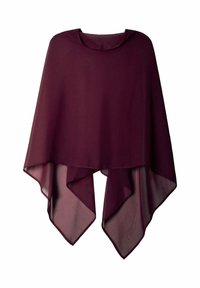 Poncho burdeos, transparente, con cuello redondo y dobladillo asimétrico. La tela fluida crea un efecto de capas.