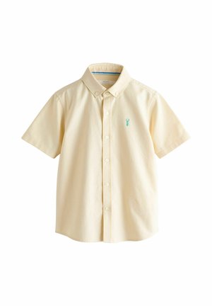 Short-sleeve beige button-up shirt with button-down collar and small blue embroidered lobster on left chest.