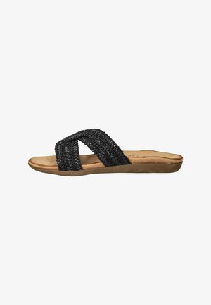 Open teen slide sandaal met zwarte gevlochten banden en een beige gevoerde zool, ontworpen voor casual gebruik.