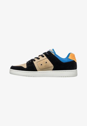 Sneakers featuring a tan and black suede upper, blue fabric accents, and a textured orange heel tab on a white rubber sole.