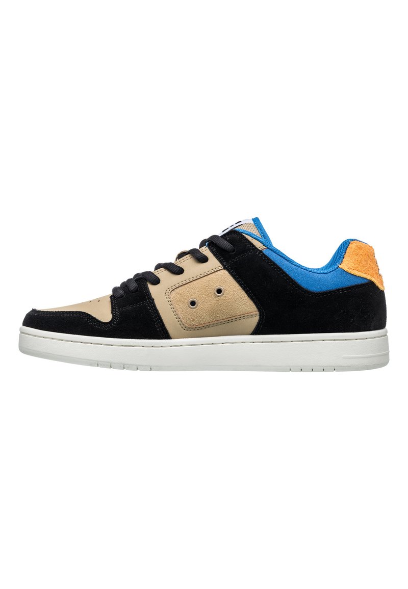 Sneakers featuring a tan and black suede upper, blue fabric accents, and a textured orange heel tab on a white rubber sole.