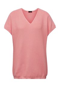 Rosa V-Ausschnitt-Oberteil aus geripptem Stoff mit kurzen Ärmeln, entspannter Schnitt und weicher Textur. Einfaches Design ohne sichtbare Muster.