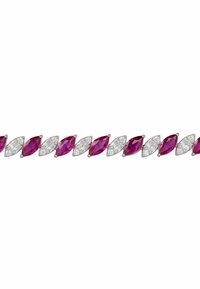 Rhodium-plated bracelet featuring alternating marquise-cut pink gemstones and clear stones, arranged in a linked pattern with polished finish.