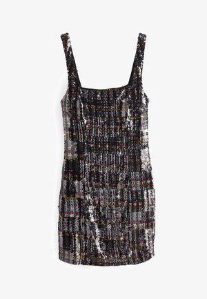 Robe mini noire sans manches recouverte de sequins multicolores disposés en motif à carreaux avec un décolleté carré.