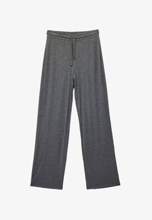 Grå vide ben bukser lavet af et blødt, tekstureret stof, med et elastisk liv med snor for justerbar pasform.