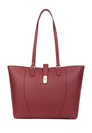 Duża bordowa skórzana torba typu tote z dwoma długimi uchwytami i centralnym zapięciem na złoty zatrzask.