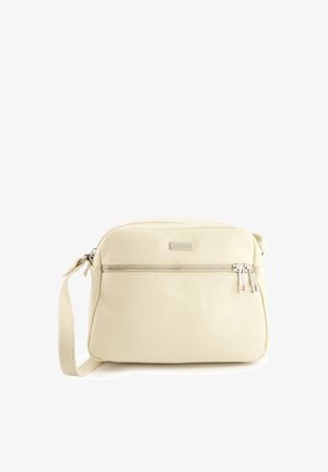 Crème leren schoudertas met een gestructureerd oppervlak, ritscompartimenten en zilveren hardware. Verstelbare schouderriem voor veelzijdig gebruik.