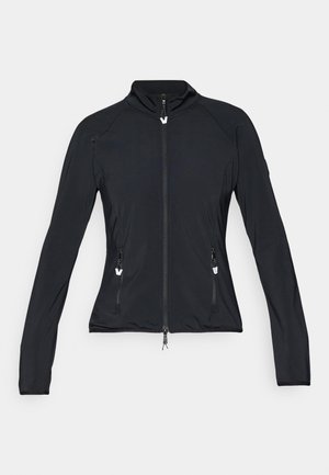 Černá lehká bunda s vysokým límcem, plným předním zipem a dvěma předními kapsami na zip. Hladký povrch a přiléhavý design.