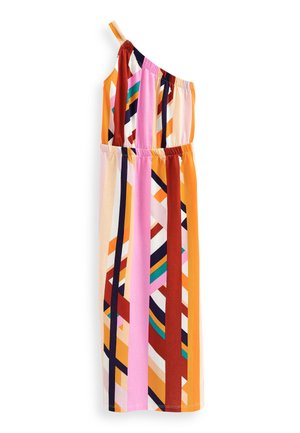 Sukienka midi na jedno ramię z elastycznym pasem, ozdobiona wielokolorowymi geometrycznymi pionowymi paskami w kolorach pomarańczowym, różowym, czerwonym, morskim, czarnym i białym.
