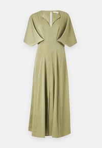 Rochie de culoare verde măsliniu cu fustă plisată, mâneci scurte tip batwing și decolteu în formă de cheie. Fabricată dintr-un material texturat, cu un design până la podea.
