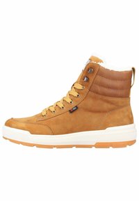 Braune Leder-Halbschuh-Stiefel mit weißer Sohle, gepolstertem Schaft und gelben Schnürsenkeln. Enthält Metallösen und ein Logotag an der Seite.