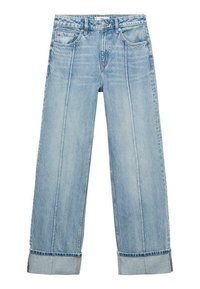 Light blue denim wide-leg jeans with a high waist, featuring five pockets, visible stitching, and turned-up hems at the cuffs.