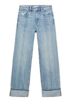 Lichtblauwe denim wijde jeans met een hoge taille, voorzien van vijf zakken, zichtbare stiksels en opgerolde zomen bij de manchetten.
