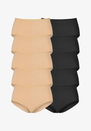 Pack of six high-waisted briefs in light beige and black. Made from soft, stretchy fabric with smooth seams and a comfortable fit.
