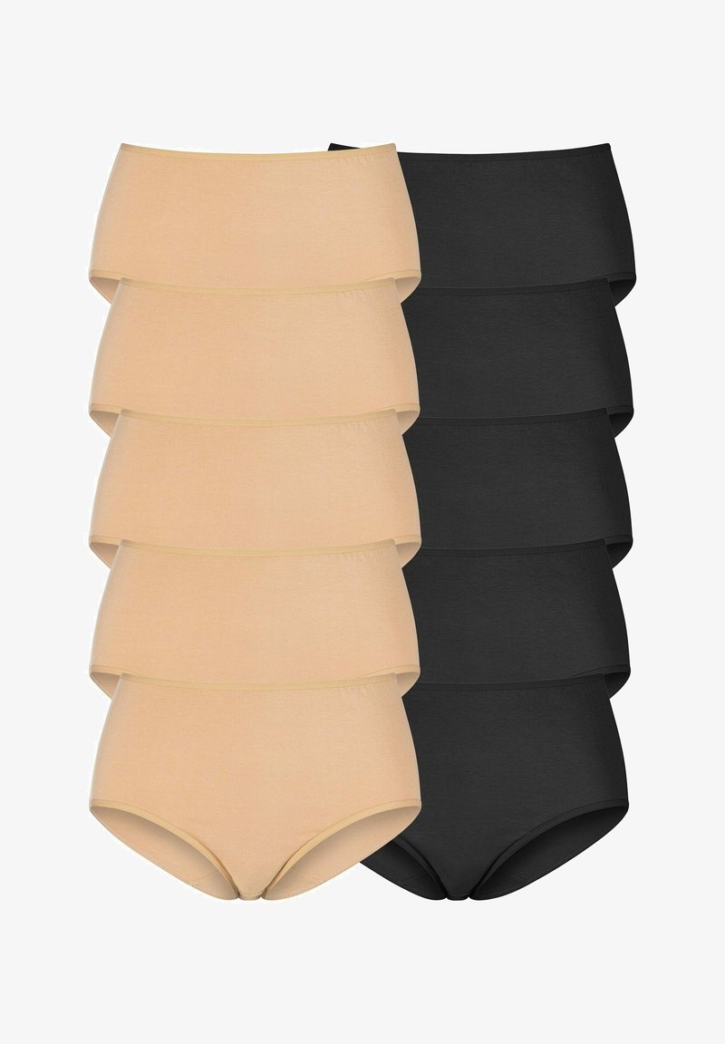 Lot de six culottes taille haute en beige clair et noir. Fabriquées en tissu doux et extensible avec des coutures lisses et un ajustement confortable.
