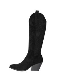 Schwarze Cowboy-Stiefel aus Wildleder mit dekorativer Naht, spitzer Spitze und mittelhohem Blockabsatz. Verfügen über einen hohen Schaft und eine Zuglasche.
